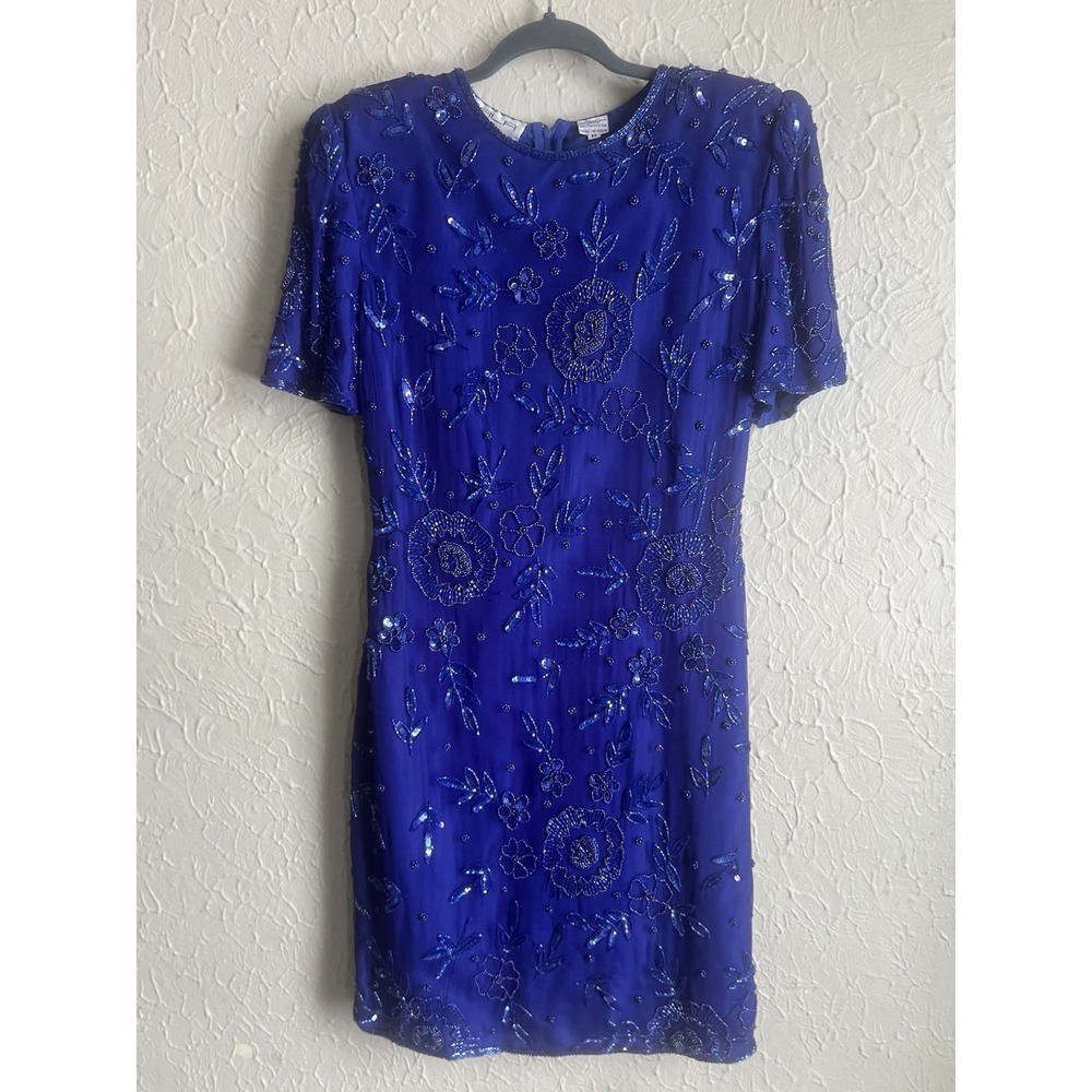 Women's SCALA Blue SILK Fully Beaded Vintage Formal Homecoming Dress Size M